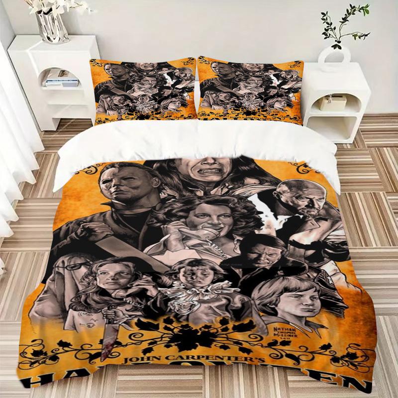 Halloween Horror Poster Bedding Set  Comforter Cover Gift for Bedroom,Includes 1 Cover and 2 Pillowcases, No InsertB354