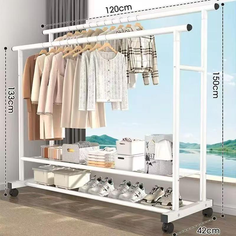 Sturdy Double Bar Wardrobe Rack for Dorms: Floor-Standing, Dual-Layer Clothes & Hat Hanger for Bedrooms and Balconies.