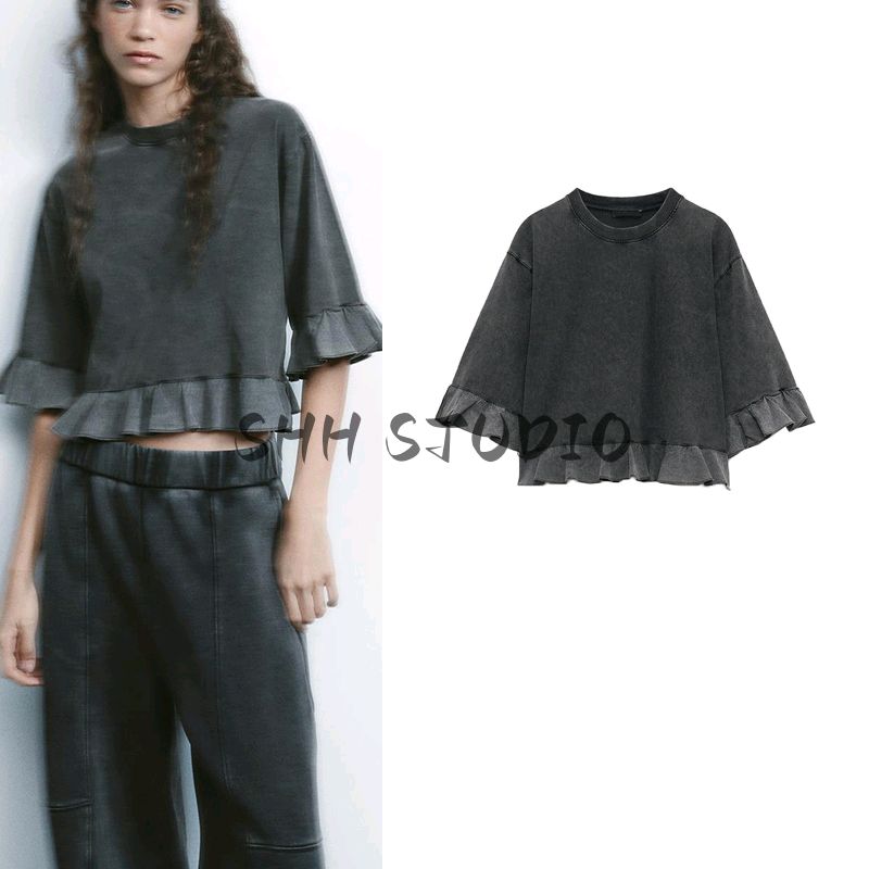 Spring and Summer New Arrival Women's Clothing round Neck Shirt with Half Sleeve Cotton Loose Laminated Decoration Patchwork T-shirt 0085301