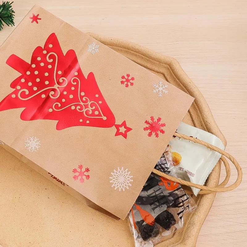 201Pcs Christmas Gift Packaging Bag Biscuit Candy Storage Bag Snowflake Santa Claus Kraft Paper Bag Xmas New Year Gift Handbag