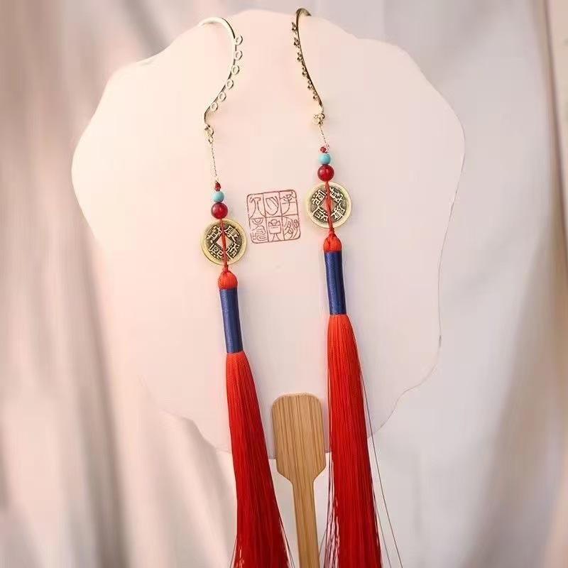 Mountain Ghost Flower Copper Coin Earrings with Tassels - Unisex Hanfu Style Ear Cuffs