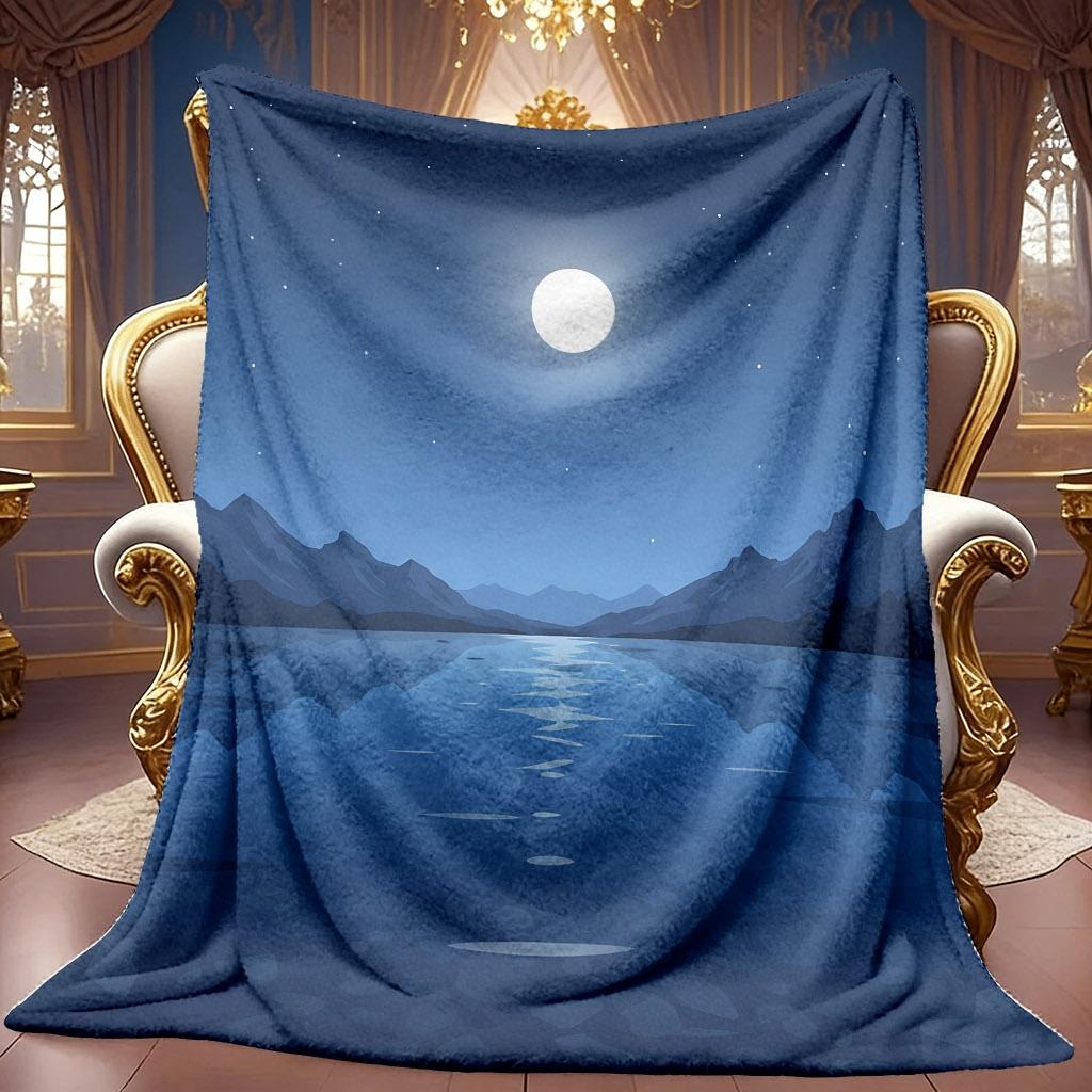 1pc 2D Moonlit Mountain Landscape Pattern Flannel Blanket, Soft HD Digital Print, Cooling Blanket Suitable for All Seasons! Soft And Breathable 100% P