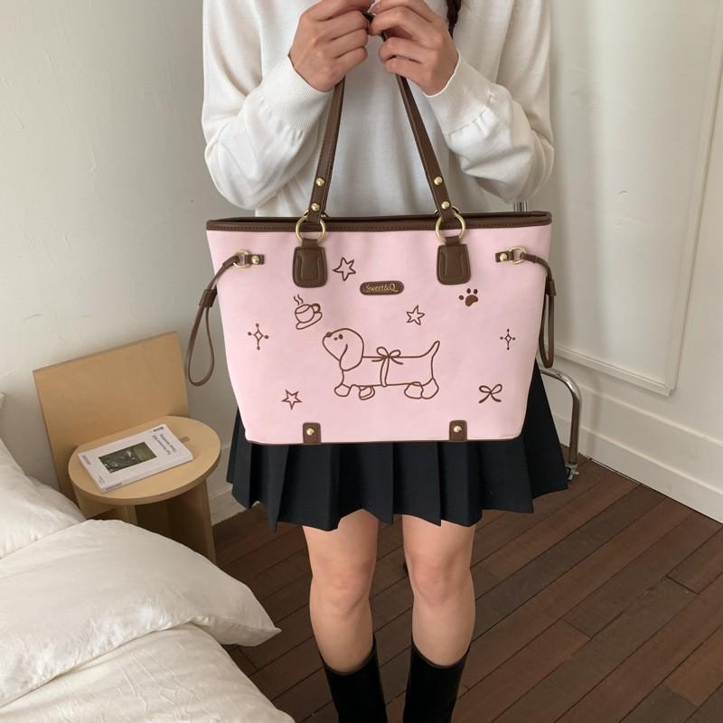 Cute Dachshund Embroidery Tote Bag Large Capacity Zipper Shoulder Bag Kawaii Pink Cartoon Pattern Women School Commute Handbag