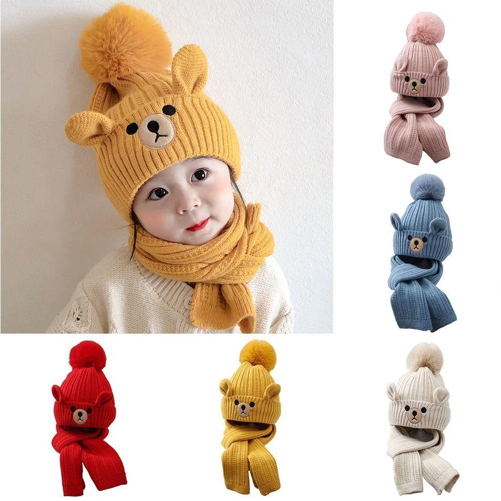 Cartoon Wool Beanie Knitting Warm Knitted Cap All-match Bear Children Scarf Hat Set  Baby