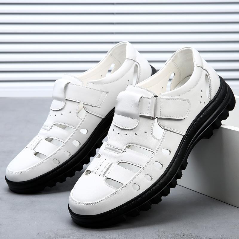 Baotou Sandals Men's Summer Leather Casual Leather Shoes Men's First Layer Cowhide Hollow Hole Shoes Soft Sole Dad Shoes