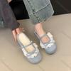 Fashion Comemore Summer New Women's Mary Jane Shoes Square Toe Flat Buckle Suede Lace Bowknot Gentle Sweet Mules Baotou Half Slippers