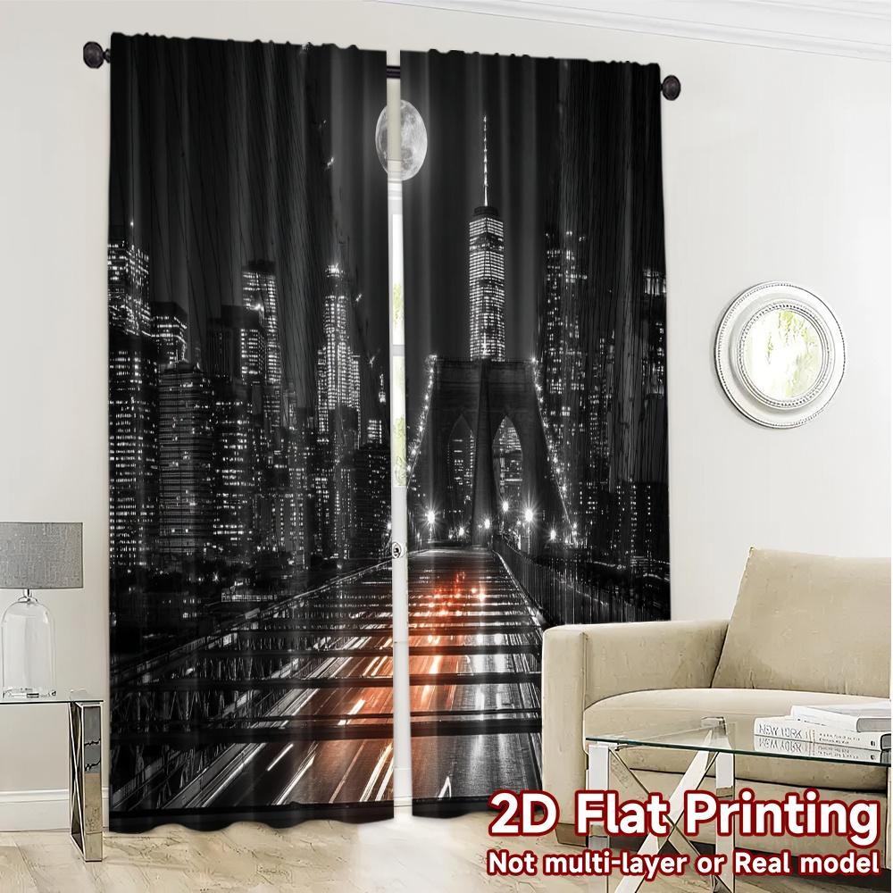 Set Of 2 Minimalist Flat Printing Curtains Without Rod Moonlit Skyline Popular Prints Curtain Semi Sheer Made Polyester