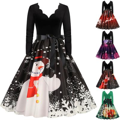 Women's Fashion Christmas Casual Slim Print Hem Long Sleeve Dress