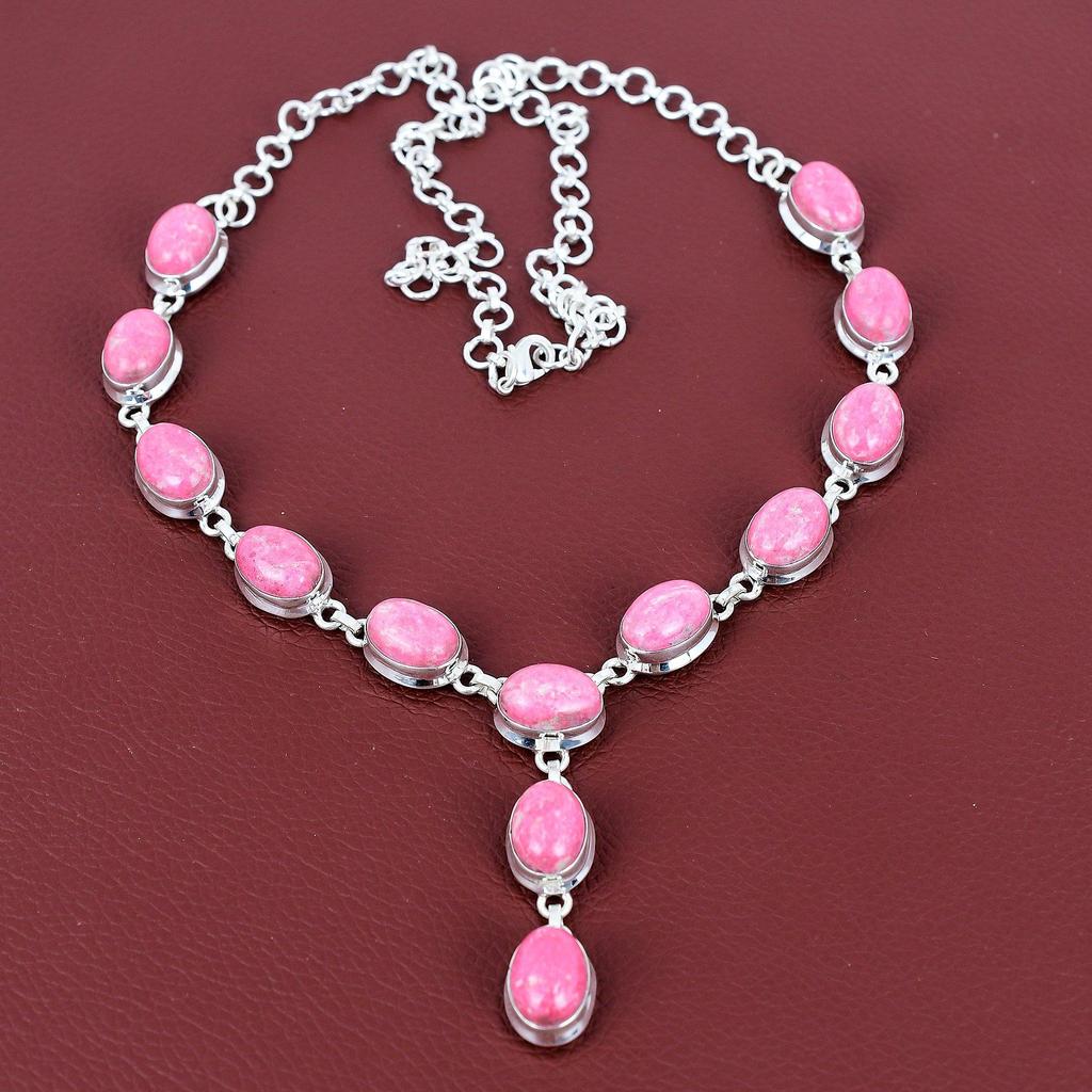 Thulite Necklace Genuine Gemstone Necklace Handmade Jewelry 925 Sterling Silver Necklace Adjustable Chain Necklace Silver Jewelry for Gifts