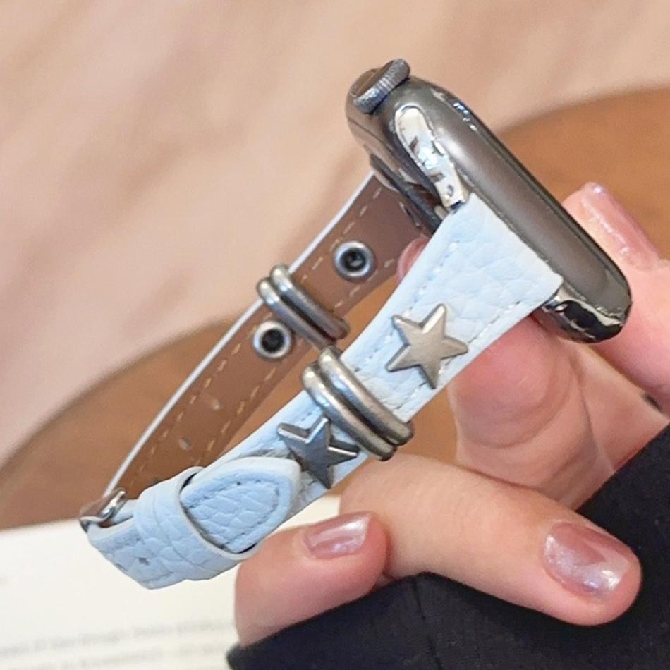 Star Rivet Lychee Leather Bracelet For Apple Watch Band S11/10/9/8/7/6/Ultra iWatch Strap 49/46/45/44/42/41/40/38mm Slim Stylish