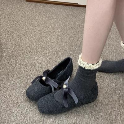 Gray Single Shoes Femininity Inner Height Increase Small Fragrance Gentle Pearl Mary Jane Shoes Bow Retro