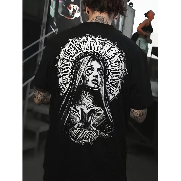Men's Oversized Black Graphic Tee with Gothic Nun Print, Short Sleeves, Crew Neck, Soft Cotton Feel, Streetwear Style for Casual Daily Wear