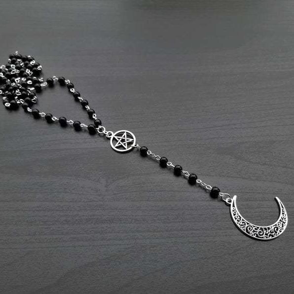 Trendy Gothic Crescent Pentagram Necklace with Black Beads Charm