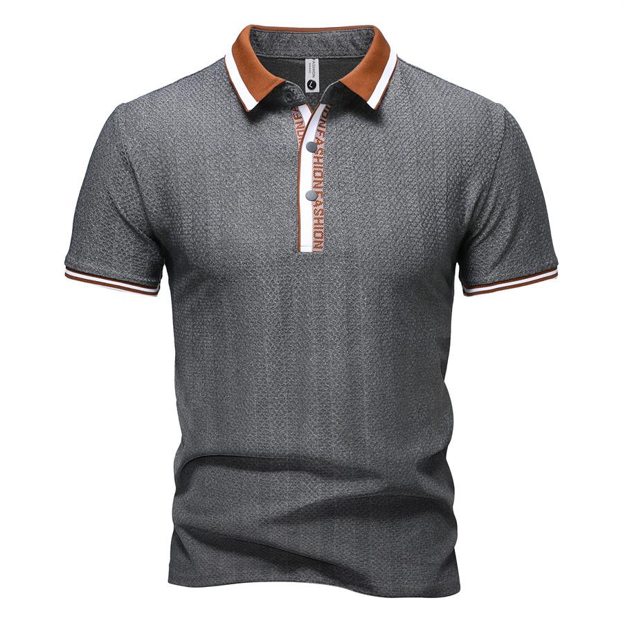 Summer Men's Slim Fit Polo Shirt Contrast Placket Letter Print Casual Texture Short Sleeve Fashionable Men's Top