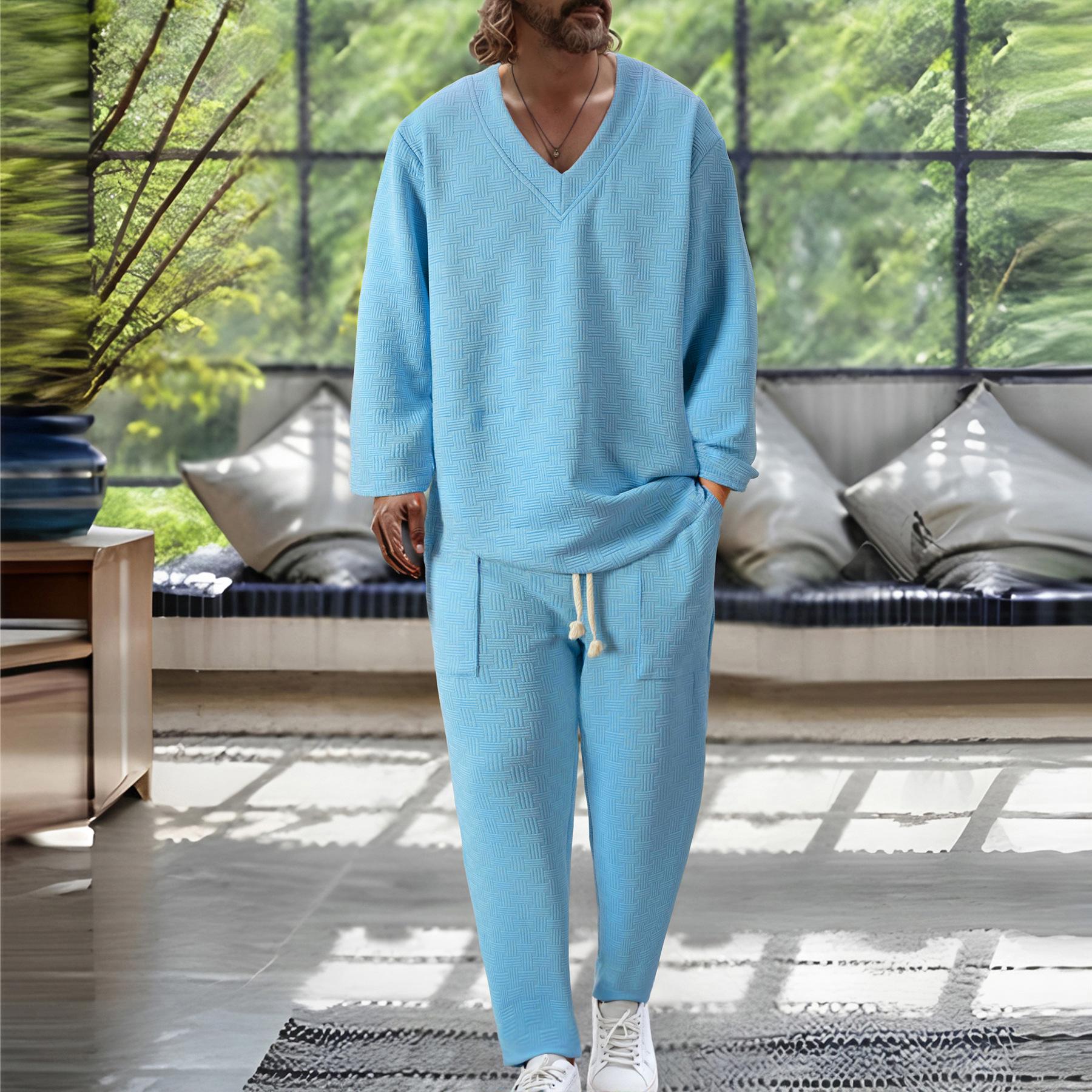 Men Textured Solid V Neck Long Sleeve Long Pants Casual Two Piece Set S