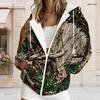 Women Plus Size Zip Up Hoodie Long Sleeve Leaf Camouflage Print Drawstring Sweatshirt With Pockets
