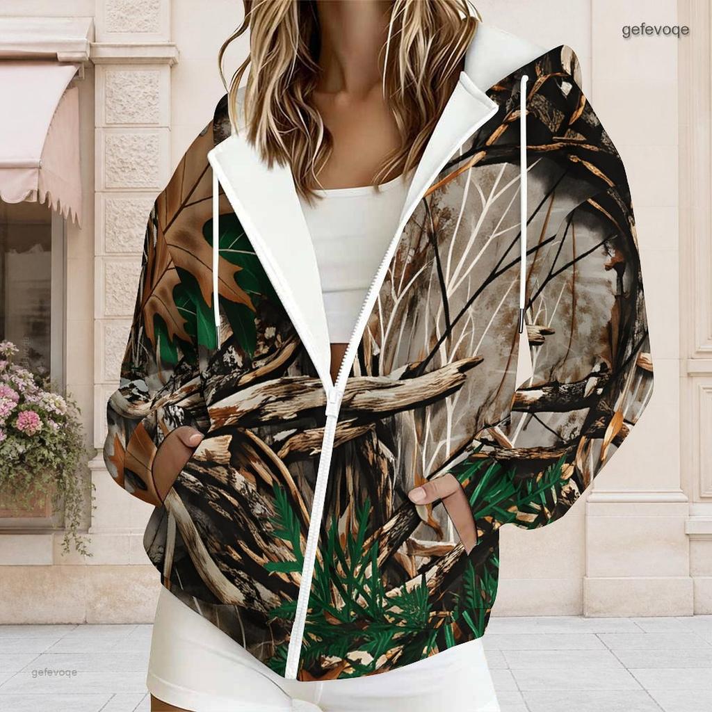 Women Plus Size Zip Up Hoodie Long Sleeve Leaf Camouflage Print Drawstring Sweatshirt With Pockets