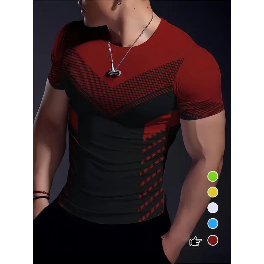 Stretchy Fit Geometric Print Crew Neck T-Shirt - Quick-Dry, Moisture-Wicking, Summer Fitness, Training, and Gym Wear - Ideal for Men's Sports