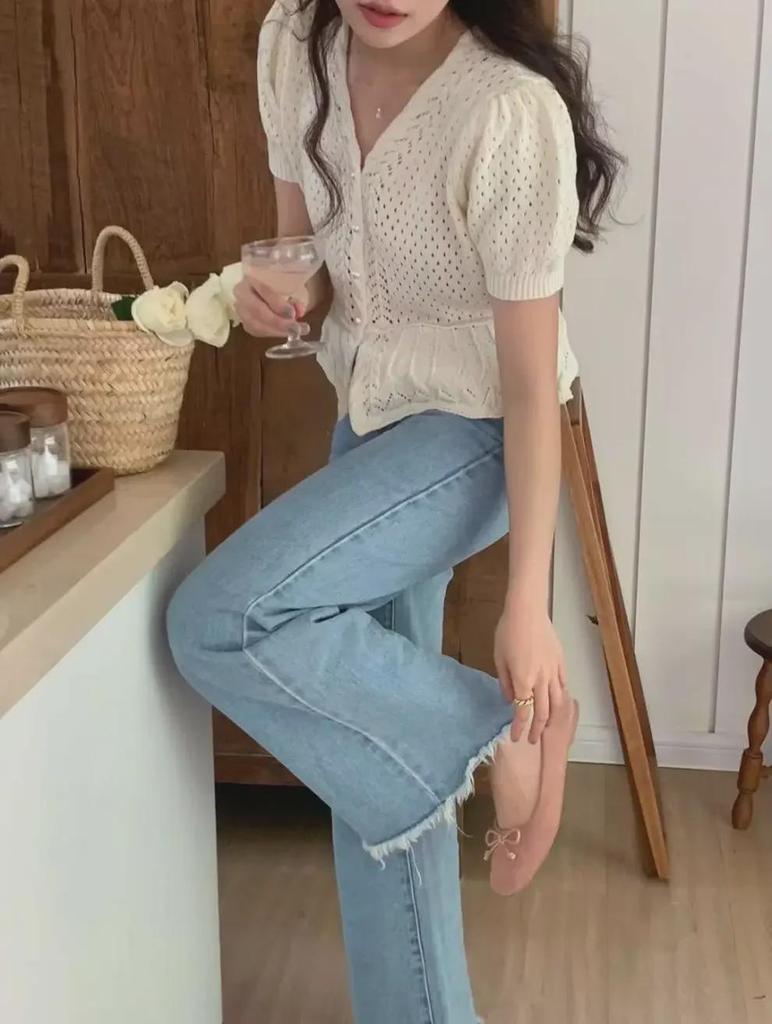 Korean Style Slimming Pearl Button Cutout Bubble Sleeve Knit Top