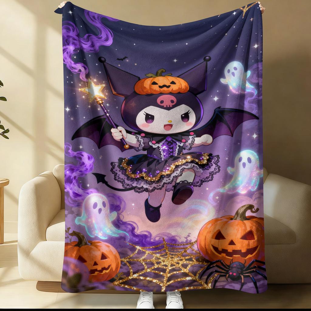 Kuromi Lightweight Cozy Flannel Blanket Cute Strawberry Cherry Heart Pattern Flannel Plush Throw for Home Bedroom Living Room