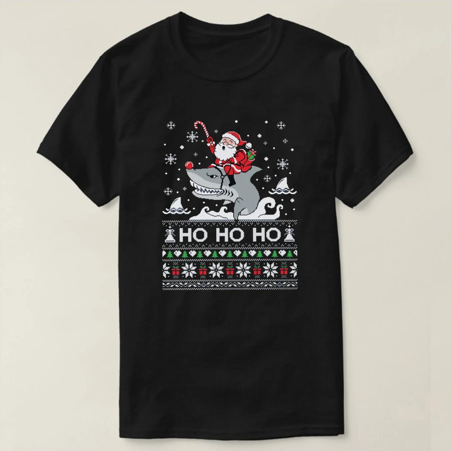 

Funny Ugly Christmas Sweater Santa Riding Shark Christmas Gift T-Shirt 100% Cotton O-Neck Short Sleeve Casual Mens T-shirt S чёрный