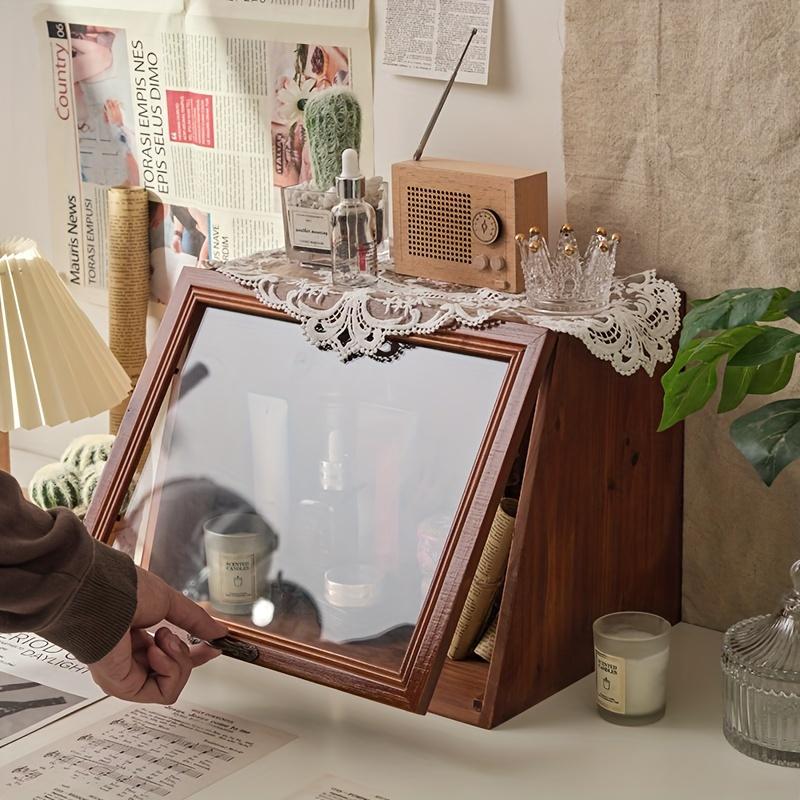 Wooden Vintage Desktop Storage Box with Flip Lid Retro Sundries Cosmetic Organizer Dust-proof Storage Box Home Table Decoration