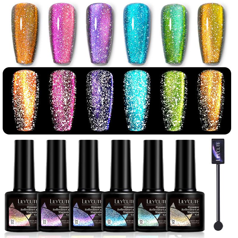 LILY'CUTE Barevná sada gelových laků Cat Eye 7barevná Laserový Flash Diamantový Cat Eye Nail Gel Kit