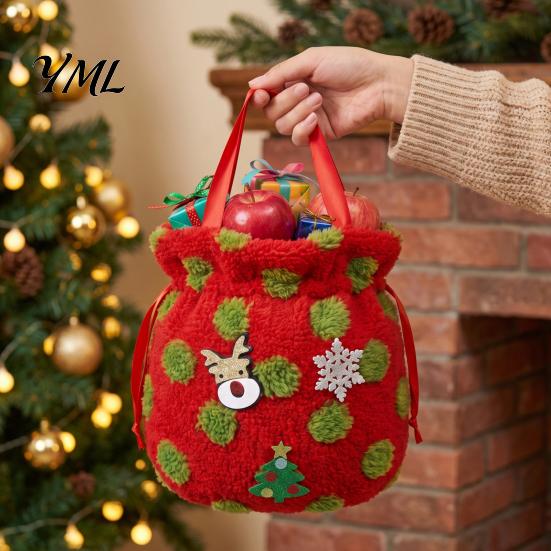Fluffy Candy Apples Containers Christmas Plush Gift Bag with Drawstring, Soft Santa Sack for Bags Presents, Reusable Holiday Wrapping Pouch Xmas Party