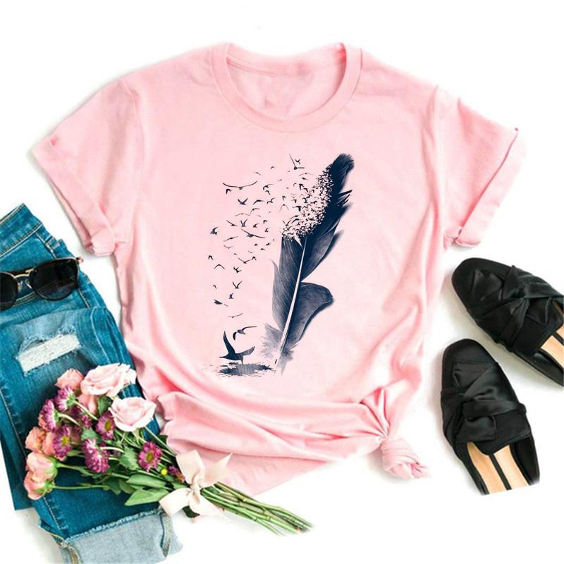 Women's T-shirt Watercolor Feather Graphic Printed T Shirt Women Short Sleeve Tshirt 90s Streetwear Female Clothes Tops