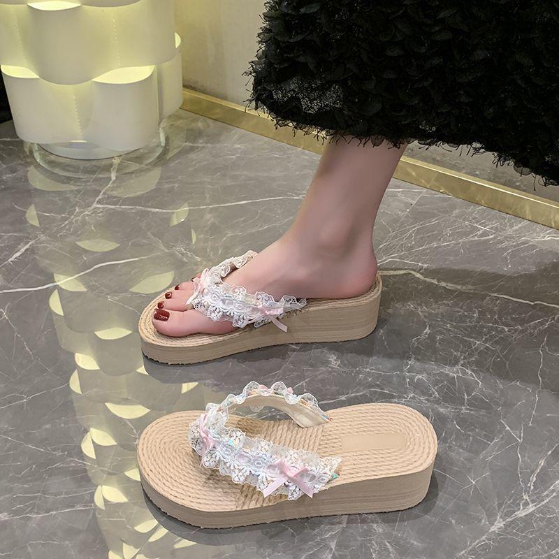 2025 summer wear versatile casual slippers women's platform bow lace edge flip-flops holiday beach shoes women