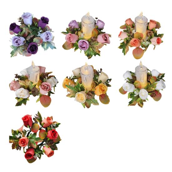 Artificial Rose Candle Ring Fake Rose Wreath with Maple Leaves Pillar Candle Wreath Table Centerpieces for Home Candlelight Dinner Wedding Party Decor