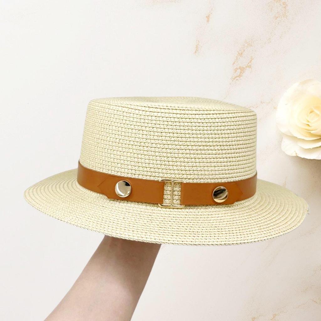 2025 Women's French Flat-Top Straw Hat for Large Heads, Wide Brim, Perfect for Beach Holidays and Sun Protection, Plus Size Woven Design.