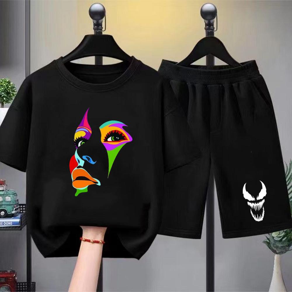 Hip Fashion Hop Trend Street Art Print Summer T-shirt+shorts Boy Black Girl Sets T-shirt kids Tops Casual Tees round neck-Neck