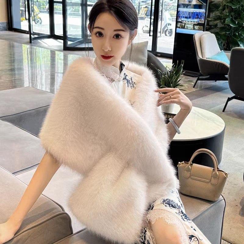 Rectangular Shawl Faux Fox Fur Cheongsam Wedding Dress Travel Photography Outerwear Skirt Banquet Cape Cloak