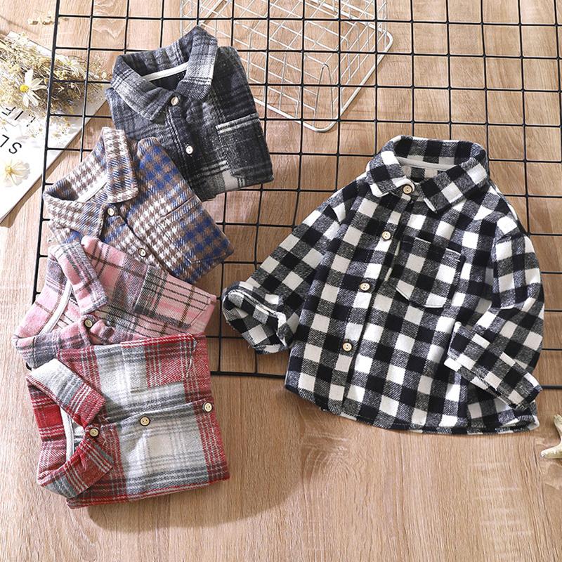 Children's  Boys and Girls Retro Plaid Boys Versatile  Shirt Brushed Shirt Spring and Autumn Baby Handsome Plaid Shirt