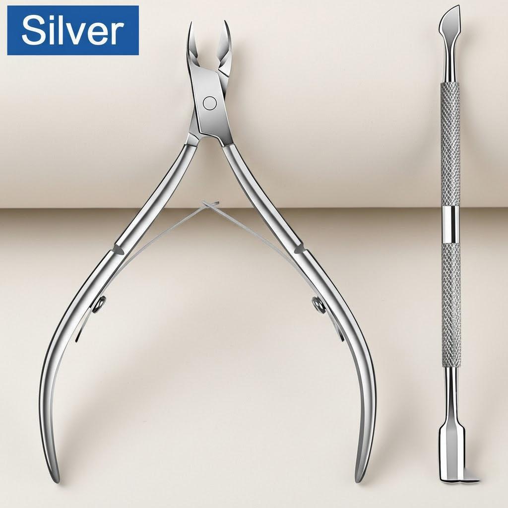 

2Pcs Set Cuticle Remover Tool Set Cuticle Cutter and Pusher Stainless Steel Professional Nail Care Kit серебряный