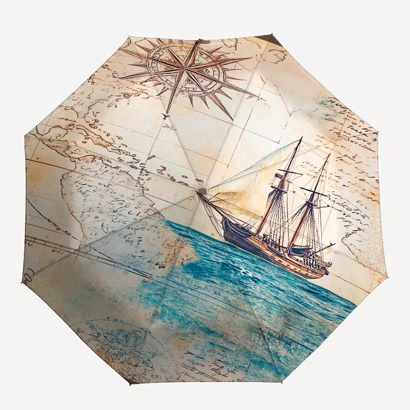 1pc Vintage Nautical Map with Compass and Ship Umbrella with Plastic Handle,Suitable for All Seasons UmbrellaPT451