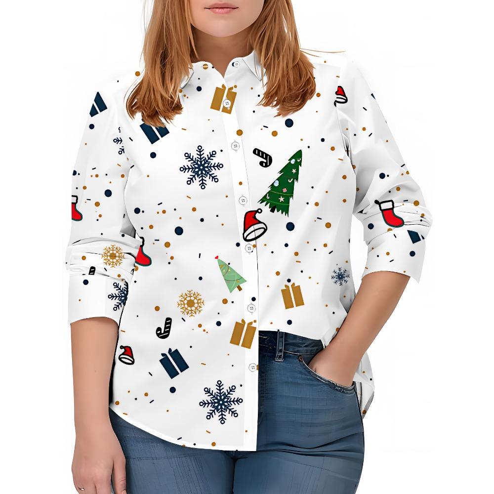 New Large Size Women's Long Sleeve Printed Shirt, Fashion Casual Button Up Lapel Shirt Women's Shirt