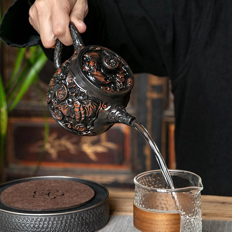 Purple Pottery Vintage Handmad Teapot Ceramic Carve Kung Fu Teapot Single Teapot Pu'er Tea Making Tea Sets Chinese Tea Pot