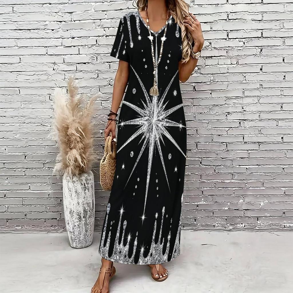 Women Plus Size V Neck Short Sleeve Black Gold Printed Long Straight Maxi Dress