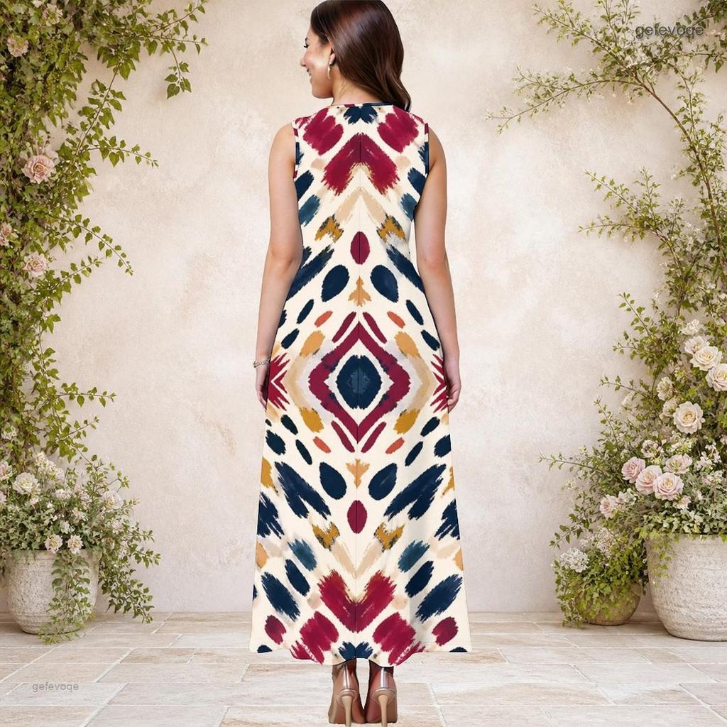 Women Plus Size Round Neck Sleeveless Geometric Printed A Line Maxi Dress With Side Pockets