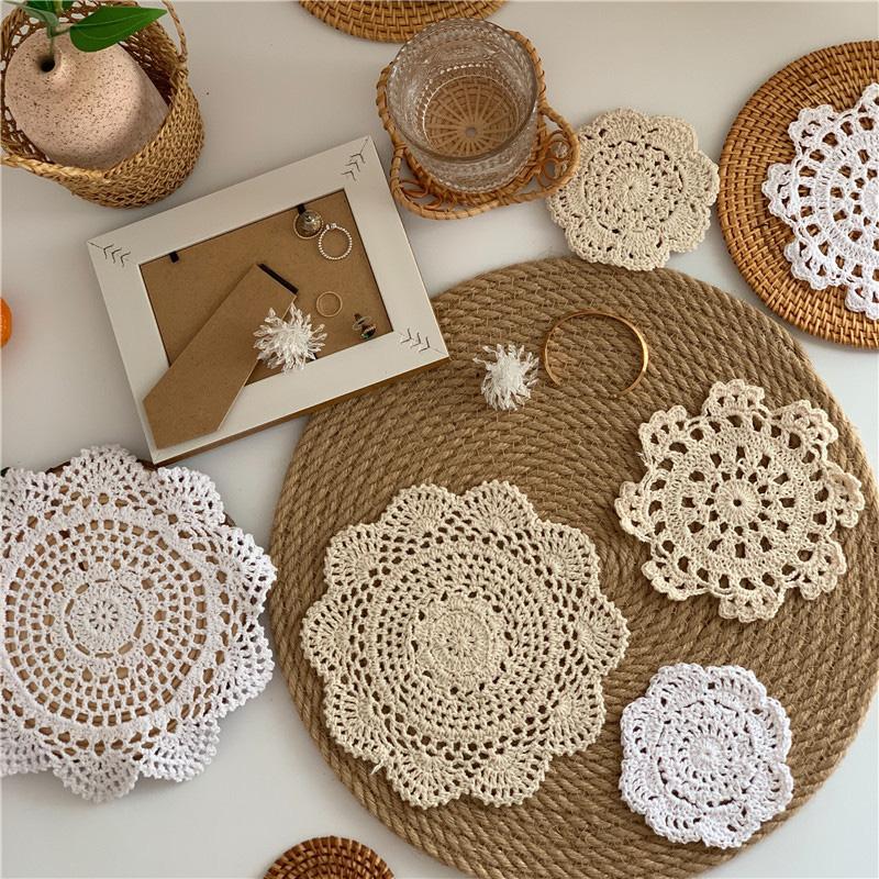 Round Lace Coaster Handmade Hearted Shaped Lace Coasters INS Woven Embroidery Floral Cup Pads Desktop Decorative Placemat