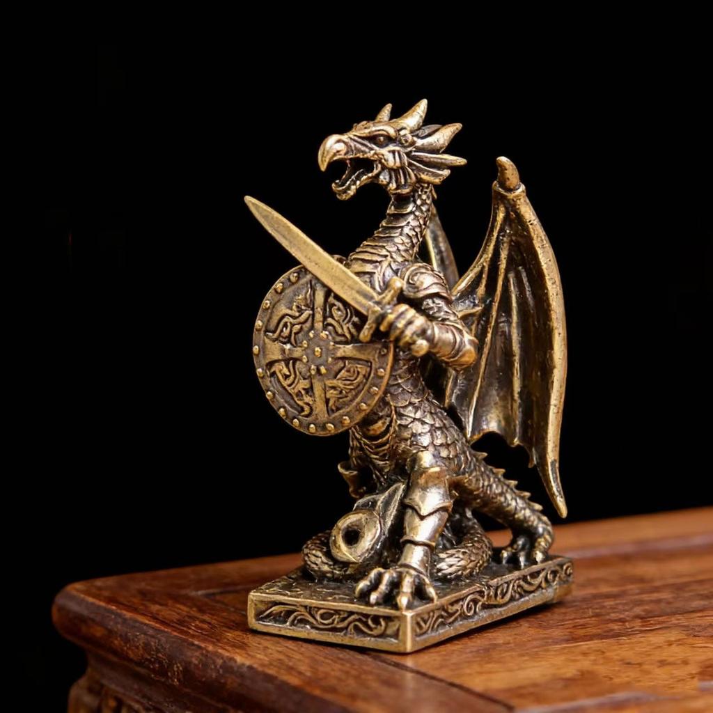 Brass Dragon Warrior Figurine Vintage Armor Sword Shield Desktop Decor Metal Craft Home Office Creative Ornament Interesting