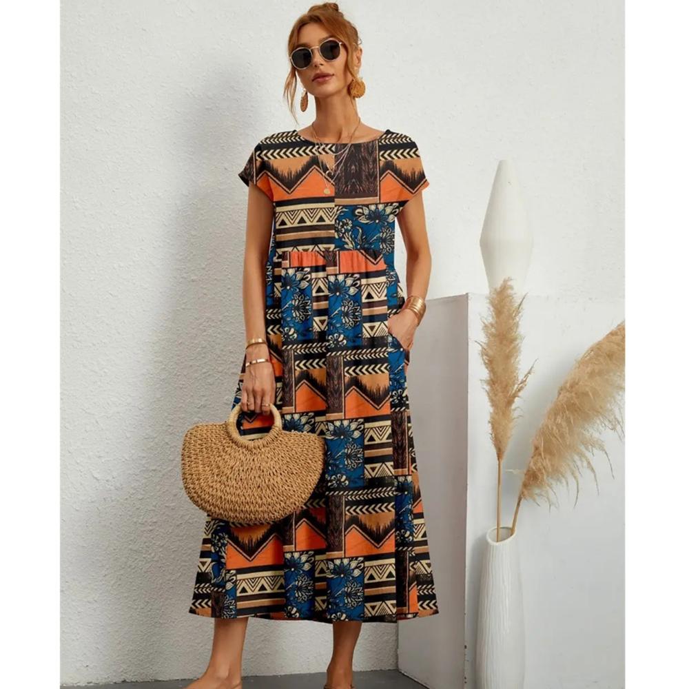 

Женские летние повседневные платья в модном стиле с коротким рукавом и принтом с круглым вырезом и карманами 2XL