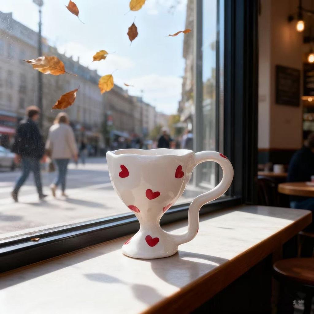 Hand-Painted Heart Ceramic Coffee Mug, Dessert Goblet & Latte Cup