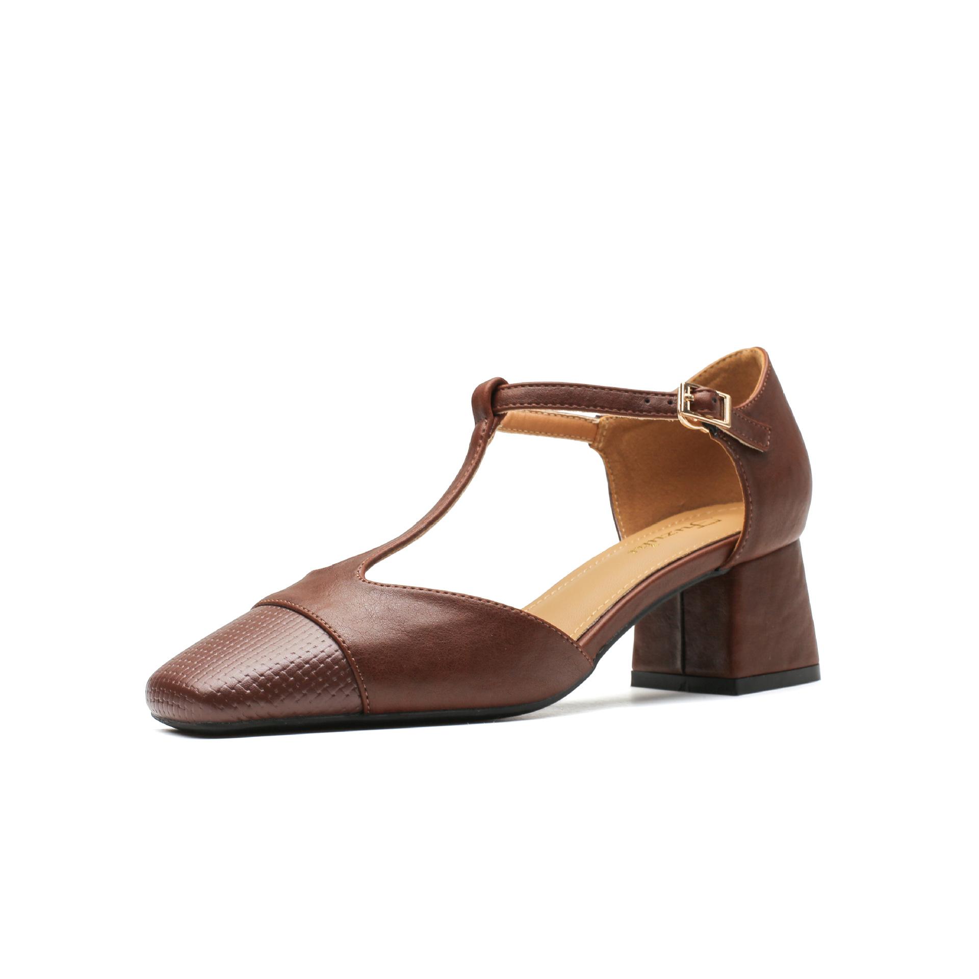 

Ретро сумка голова полый толстый каблук мелкий вырез сзади пустые сандалии женские плетеные вставки Т-образные с темпераментом Мэри Джейн высокие каблуки 40 коричневый