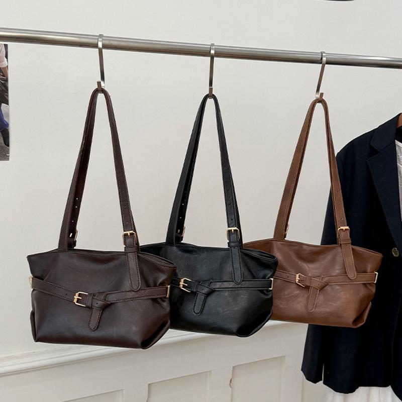 Yogodlns or Daily Commute Shopping Minimalist Vintage Glossy Tote Bag Belt Detail Large Capacity Zipper PU Water Resistant Shoulder Bag