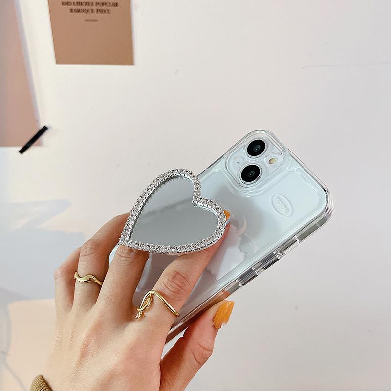 INS Korean Cute 3D Diamonds Love Heart Make Up Mirror Griptok Bracket For iPhone 14Pro Phone Holder Ring Support Stand Grip Tok