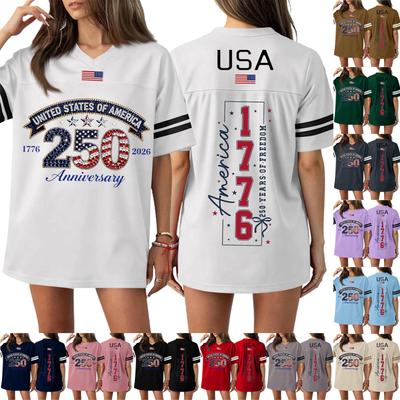 Damen Casual Mode V-Ausschnitt Sport Unabhängigkeitstag Druck Kurzarm Sport T-Shirt Top