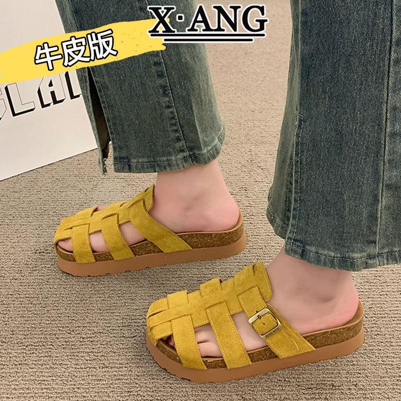 

Сумка-голова из коровьей кожи с пробковым дном, полушлепанцы, женская летняя обувь, новые плетеные полые пляжные туфли-клетка для свиней 40